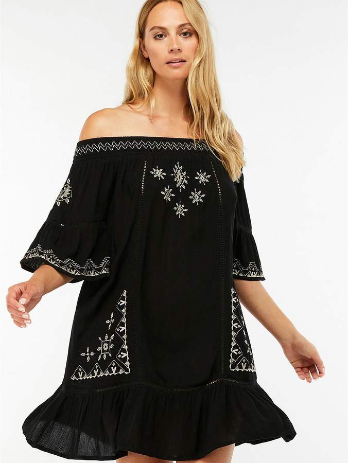 Danielle Embroidered Off Shoulder Beach Dress - Black