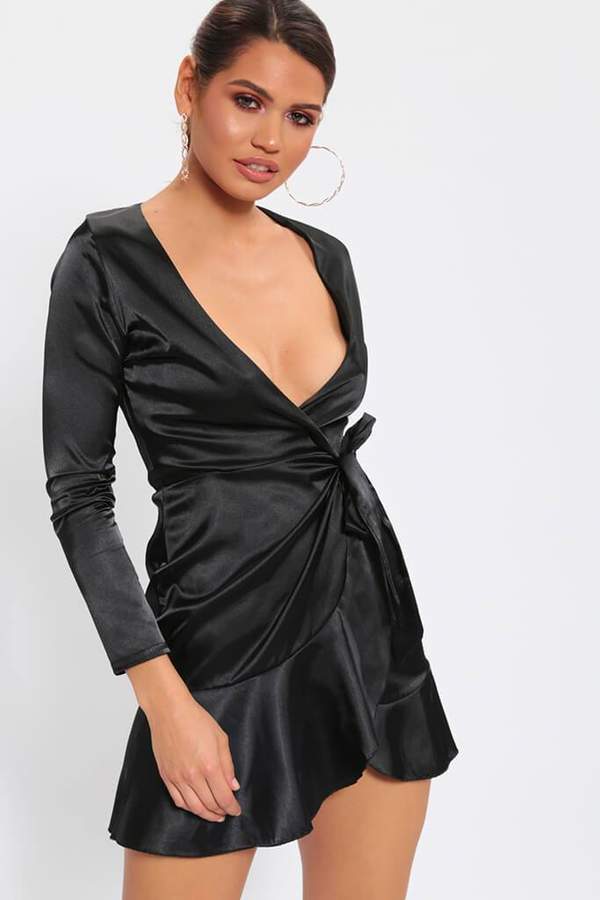 Isawitfirst Black Long Sleeve Wrap Tie Front Mini Dress