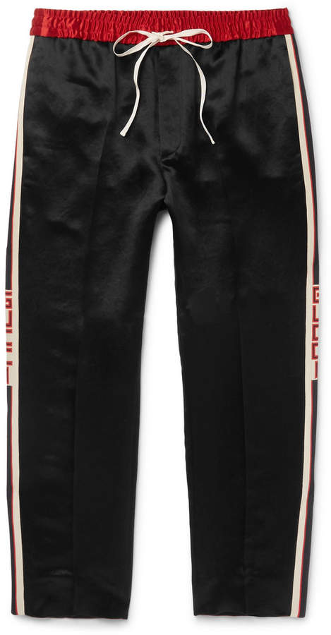 Tapered Cropped Striped Satin Drawstring Trousers