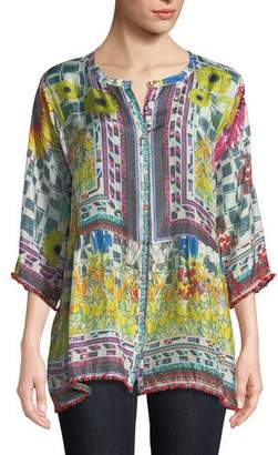 Johnny Was Theda Printed Tunic w/ Pompom Trim