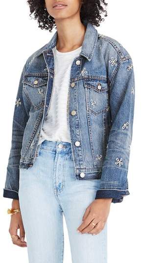 Daisy Embroidered Boxy Crop Denim Jacket