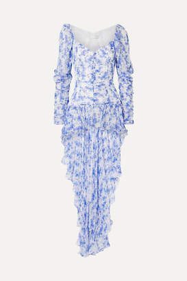 Caroline Constas Mallory Asymmetric Floral-print Silk-chiffon Top - Blue
