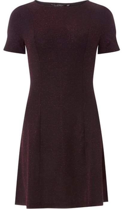 Womens Burgundy Glitter Fit and Flare Dress