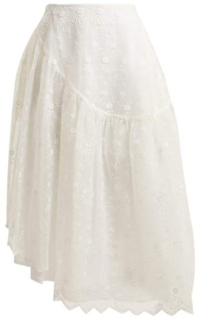 Asymmetric-hem floral-lace skirt