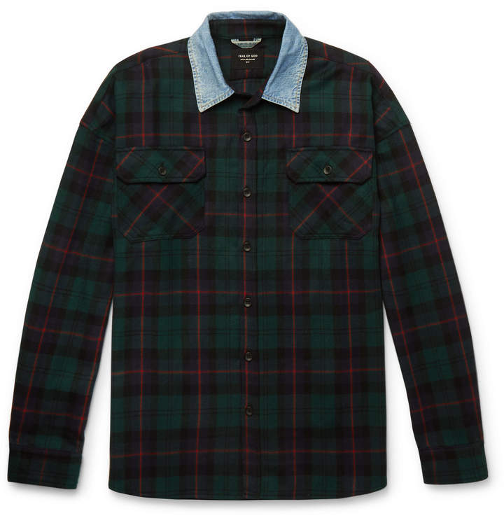 Oversized Denim-Trimmed Checked Wool and Cotton-Blend Shirt