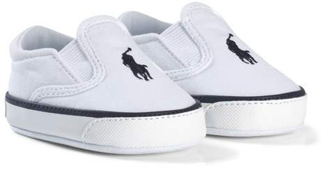 White Canvas Crib Shoes with Navy Pony