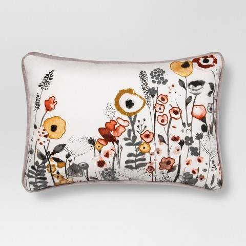 White Floral Watercolor Embroidered Lumbar Pillow