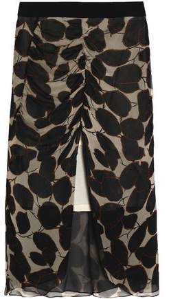 Ruched Printed Silk And Wool-Blend Georgette Midi Skirt