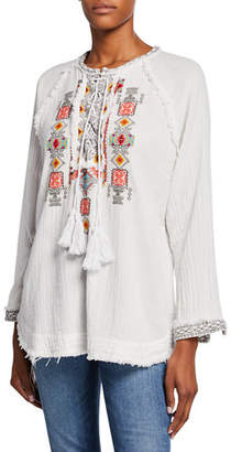 Johnny Was Jonnie Lace-Up Long-Sleeve Embroidered Cotton Gauze Blouse