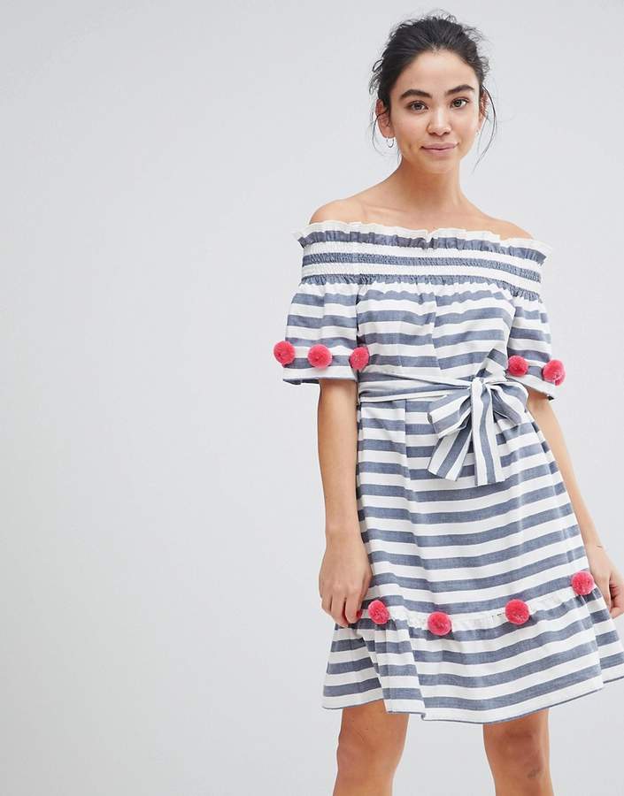 America & Beyond Off Shoulder Stripe Beach Dress With Red Pom Pom Detailing