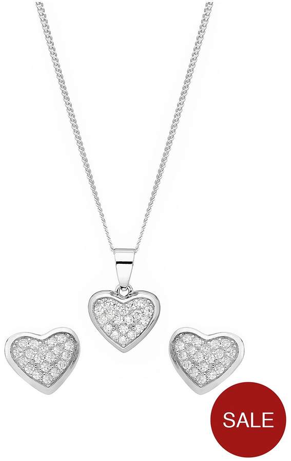 The Love Silver Collection STERLING SILVER CUBIC ZIRCONIA CLUSTER HEART STUD EARRINGS AND PENDANT SET