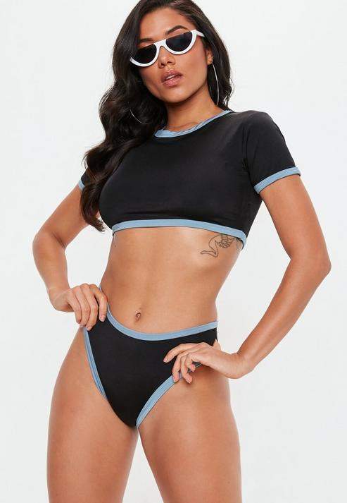 Blue Short Sleeve Binding Detail Bikini Top, Black