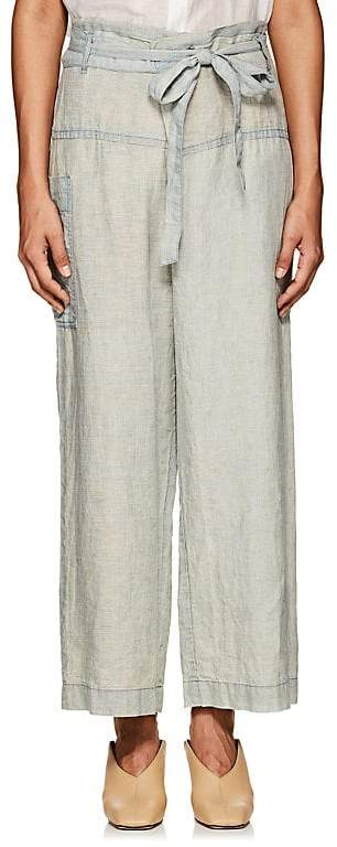 Women's Micro-Checked Linen Fold-Over Pants