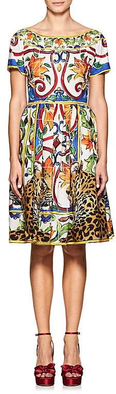 Women's Leopard- & Tile-Print Cotton Poplin Fit & Flare Dress