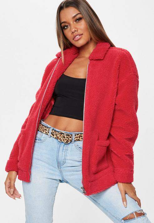 Red Oversized Borg Zip Through Teddy Jacket, Red
