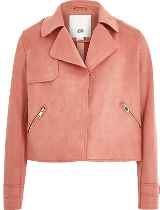 Girls Pink faux suede trench jacket