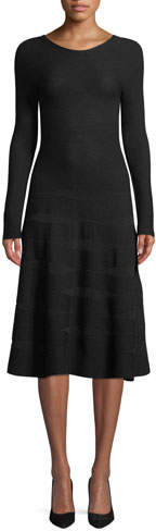 Long-Sleeve Ottoman-Jacquard Wool A-Line Midi Dress