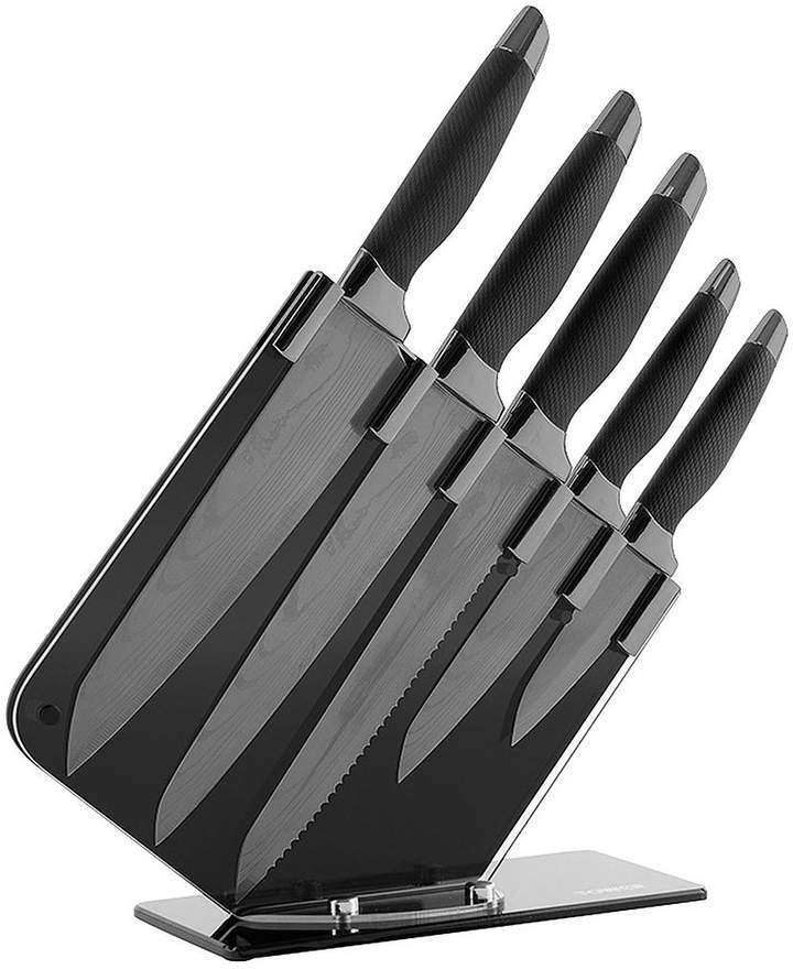 Damascus 5-Piece Knife Set With Knife Block – Mirror Black