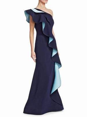 Nero by Jatin Varma One-Shoulder Two-Tone Ruffle Gown