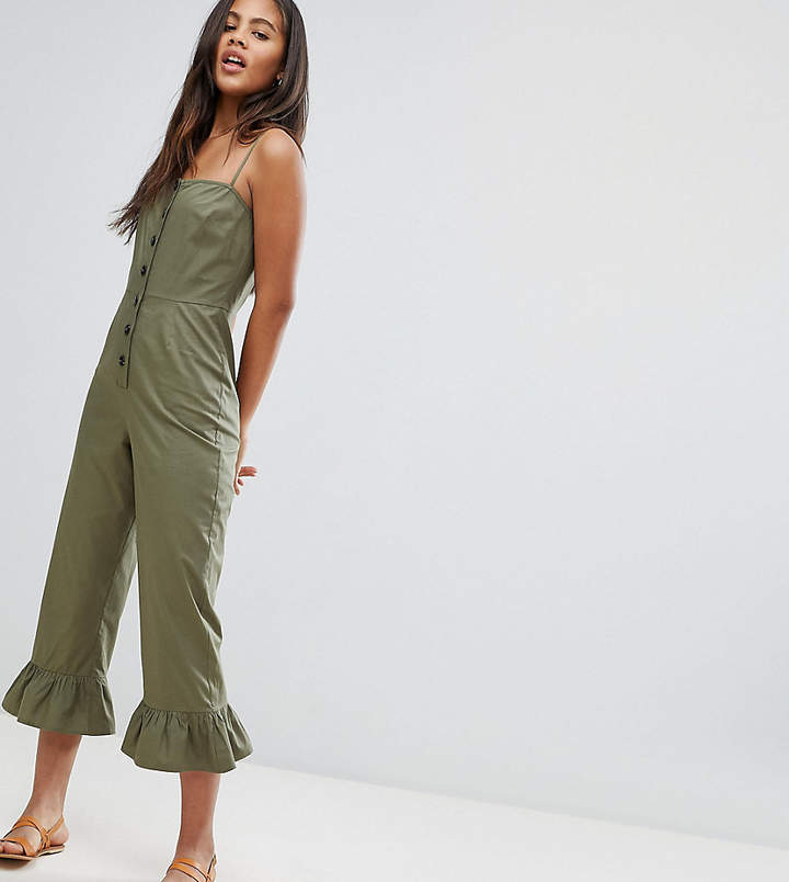 Tall DESIGN Tall cotton frill hem jumpsuit with square neck and button detail