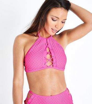 Bright Pink Neon Crochet High Neck Bikini Top
