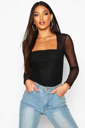 boohoo Mesh Square Neck Long Sleeve Top