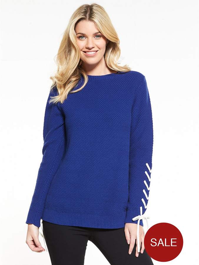 Lace Up Sleeve Textured Knit Jumper - Blue
