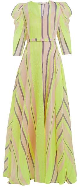 Puff-sleeved striped organza gown