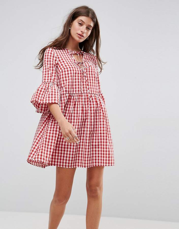 Lace Up Gingham Smock Dress with Fluted Sleeve