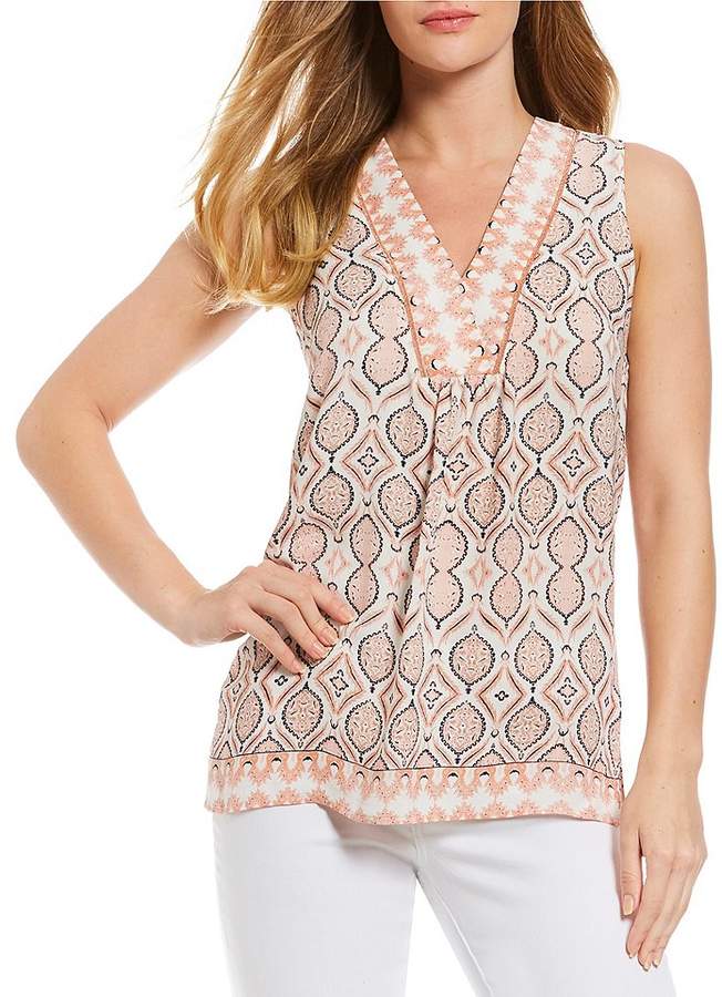 Ivanka Trump Medallion Tile Print Contrast V-Neck Sleeveless Top