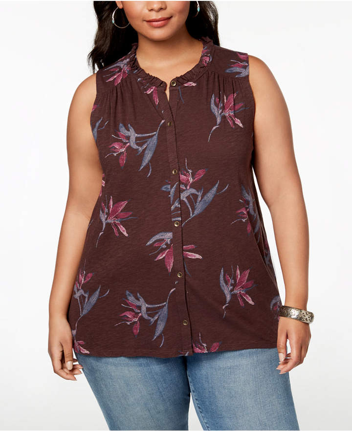 Trendy Plus Size Printed Button-Front Top