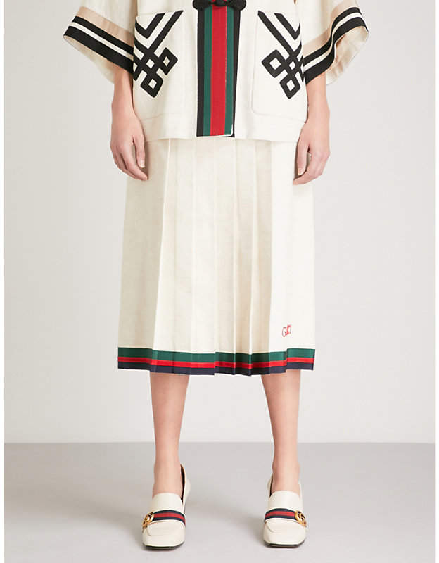 Stripe-trimmed linen and silk-blend midi skirt