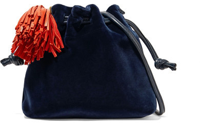 Henri Small Leather-trimmed Velvet Bucket Bag - Navy