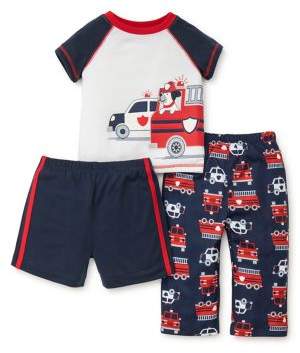 Little Boy's Three-Piece Fire Engine Graphic Tee, Shorts and Pants Pajama Set