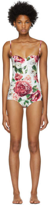 White Peonies Bustier Swimsuit