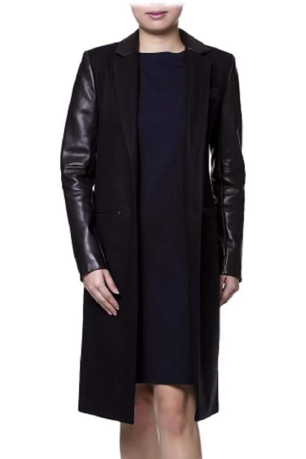 Leather-Sleeve Tailored Coat