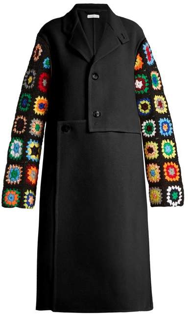 Crochet-sleeve wool-blend twill coat