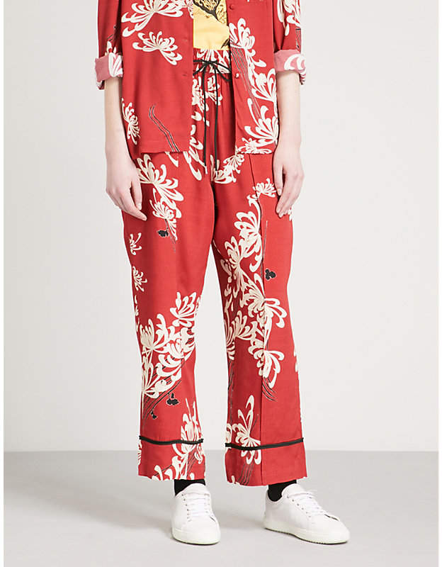 Floral-print woven trousers