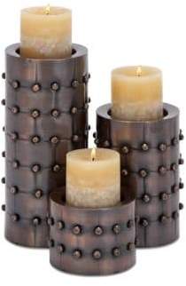 Iron Rivet Head Textured Cylinder Pillar Candle Holders- Set of 3