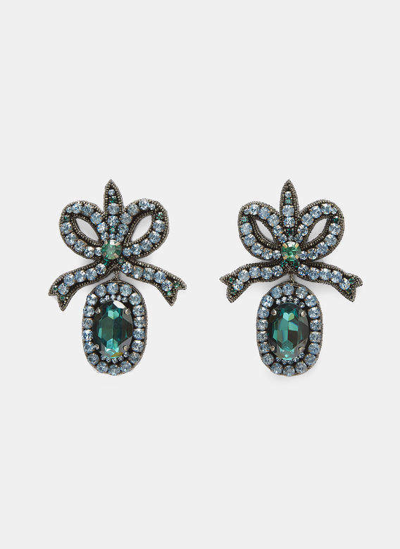 Crystal- Embroidered Bow Earrings in Blue and Green