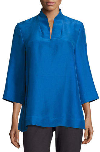 3/4-Sleeve High-Collar Silk Blouse