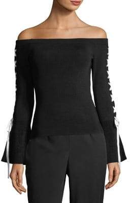 Scripted Off-The-Shoulder Contrast Lace-Up Sweater