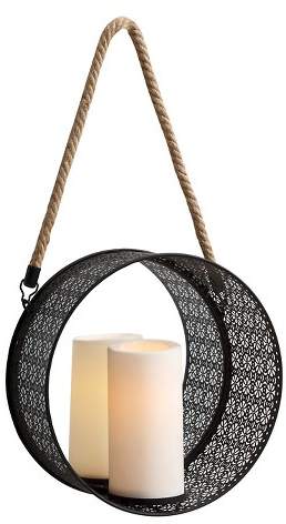 Danya B. Danya B Round Mirror Pillar Candle Sconce with Filigree Metal Frame and Hanging Rope