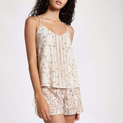 Womens Cream sequin embellished cami top