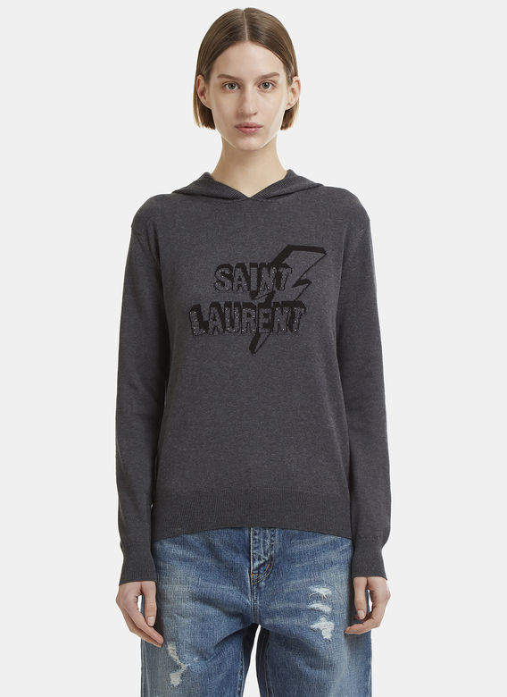 Hooded Blitz Logo Cotton Knit Sweater in Grey