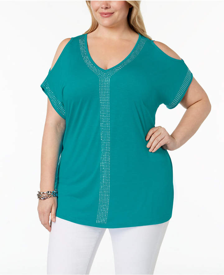 I.n.c. Plus Size Cold-Shoulder Studded Top, Created for Macy's