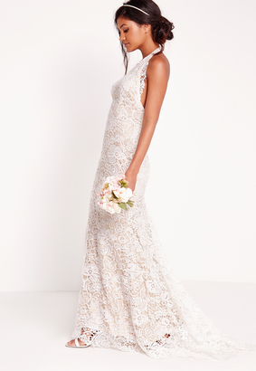 Bridal Halter Neck Lace Maxi Dress White