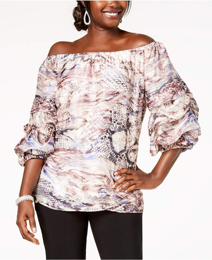 Printed Off-The-Shoulder Balloon-Sleeve Top