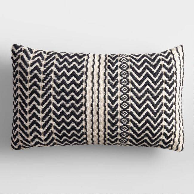 Black and Ivory Zigzag Woven Indoor Outdoor Lumbar Pillow