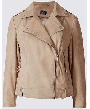 Ex Marks Spencer Blazer Women`s Beige Faux Suede Biker Jacket
